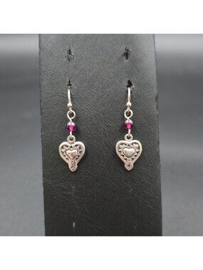 Sterling Silver Retired Silpada Heart Garnet Bead Dangle Earrings A7450